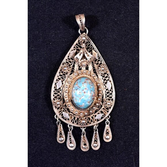 Vtg Large 925 Sterling Silver Filigree Pendant w/Blue Stone & Dangles - Picture 1 of 9